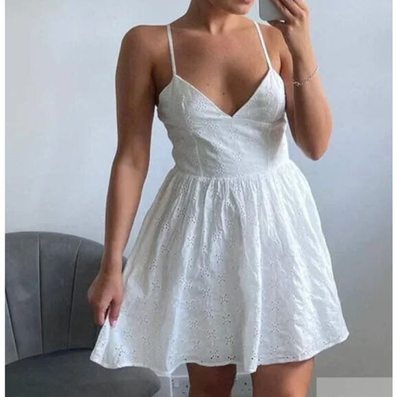 ZARA Mini Dress Openwork Embroidered Eyelet V-Neck Spaghetti Strap Cottagecore - Picture 3 of 13
